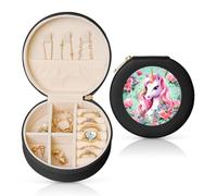 PHAYAH Boîte à bijoux de voyage ronde licorne rose en cuir pour filles, dames (noir)