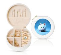 PHAYAH Boîte à bijoux ronde en cuir avec souris mignonnes, organiseur de bagues pour filles, dames (blanc)