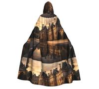 PHAYAH Cape à capuche sorcière Halloween costume sorcellerie cape | Cape à motif complexe de bâtiments anciens pour cosplay, bal masqué, bal masqué, danse, congrès