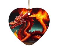 Phayah Décoration de sapin de Noël en forme de cœur avec motif Roi dragon dans le feu, décoration en céramique adaptée pour le Nouvel An, la maison pour les rassemblements
