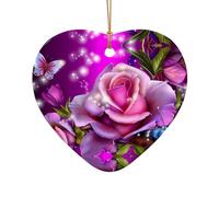 Phayah Décoration de sapin de Noël en forme de cœur en céramique Motif rose et papillons