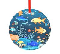 Phayah Décoration de sapin de Noël ronde en verre avec motif de poisson sous-marin bleu pour famille, Nouvel An, maison, souvenirs, rassemblements