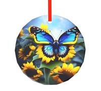 Phayah Décoration de sapin de Noël ronde en verre avec motif tournesol bleu, pour famille, Nouvel An, maison, souvenirs, rassemblements