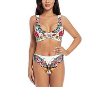 PHAYAH Ensemble bikini deux pièces pour femme motif papillon et fleur triangle maillot de bain croisé en forme de U, Noir/blanc, S