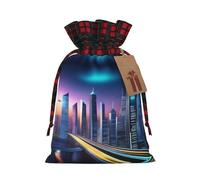 PHAYAH Future City Night Scene Sac cadeau en toile de jute avec cordon de serrage pour Noël, fête d'anniversaire