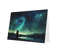 PHAYAH Lot de 10 feuilles de cartes de vacances avec motif chat observant les étoiles, enveloppe vert foncé, convient comme cartes d'invitation pour anniversaire de mariage et fête