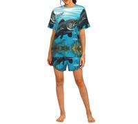 PHAYAH Ocean Bear Ensemble de pyjama 2 pièces pour femme Imprimé Bass Ensemble de pyjama à col rond et short doux, Noir , XL