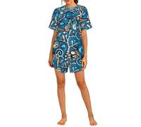 PHAYAH Ocean Shell Art Pattern Pyjama 2 pièces pour femme Ensemble de détente doux Haut à manches courtes et short Vêtements de nuit, Noir , M
