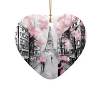 Phayah Pendentif en forme de cœur en céramique Motif Paris Tour Eiffel Rose Motif floral Décoration pour sapin de Noël