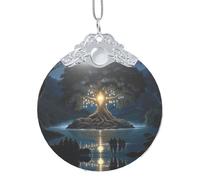 Phayah Pendentif rond en verre avec motif arbre de la sagesse antique - Ornements de sapin de Noël - Boucle en métal argenté