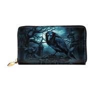 PHAYAH Portefeuille long en cuir avec fermeture éclair pour femme Motif corbeau Bleu Noir Grande capacité Porte-cartes de crédit