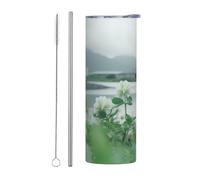 PHAYAH Tasse à café isotherme en acier inoxydable avec couvercle et paille Motif trèfle et fleur, 591 ml