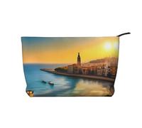 PHAYAH Trousse de toilette portable de grande capacité en velours côtelé avec fermeture éclair - Vue aérienne de la plage, Coucher de soleil à Barcelone, Taille unique