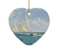 Phayah Voilier motif paysage en céramique en forme de cœur pour sapin de Noël, famille, Nouvel An, maison, souvenirs pour rassemblements