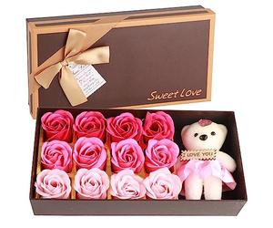 Phefop Coffret Cadeau Fleur de Savon Rose Rouge et Ours en Peluche, é Longue Durée, Romantique pour la Saint-Valentin, élégamment présenté dans un Coffret Cadeau pour Elle, Fête des (dégradé