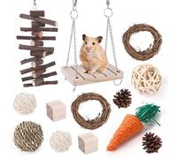 Phefop Jouets à Mâcher pour Hamster, en Bois Naturel, Résistance aux Morsures, Jouets de Meulage des Dents pour Petits Animaux avec Accessoires Assortis, Chaîne de Bâtons en Bois, Boule (13Pcs)