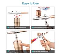 Phefop Kit Aérographe avec Compresseur, Brosse à Air Rechargeable sans Fil à Double Action pour Peinture, Maquillage, Nail Art, Décoration de Gâteaux (Champagne)