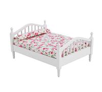 Phefop Lit Double pour Maison de Poupée à L'échelle 1/12, Meubles Miniatures à Motif Floral avec Cadre en Bois et Matelas en Tissu, Accessoire de Chambre de Poupée Réaliste pour