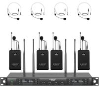 Phenyx Pro Système de Microphones sans Fil à Balayage Automatique UHF à 4 canaux, 4 Bodypacks avec Casques/Micro de Parapluie, 4x40 Fréquences, Couverture 328ft, Micro pour Eglise, DJ(PTU-7000-4B)