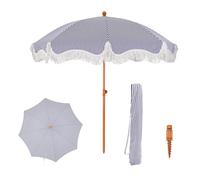 PHI VILLA Parasol de balcon Protection solaire 200 cm Pliable Rond avec franges, parasol de plage Boho jardin Résistant au vent avec piquet de terre pour terrasse, UPF 50+, Bleu avec rayures