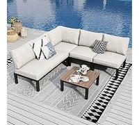 PHI VILLA Salon de Jardin Extérieur 5 Personnes 5 Pièces Canapés Modulable en Métal Coussins Beige 5 Places avec Table Basse en Bois pour Balcon