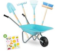 PHIBER-SPORTS Brouette pour enfants + outils de jardin pour enfants en métal - Brouette pour enfants avec outils de jardin : pelle, balais, râteau pour enfants, râteau à feuilles + autocollants