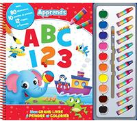Phidal Apprends ABCs & 123s Mon Grand Livre à Peindre et Colorier - Livre de coloriage pour enfants, 80 illustrations, 10 pastilles de peinture, 12 crayons de couleur, 1 pinceau