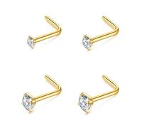 Philip Jones Lot de 4 piercings de nez en forme de L en acier inoxydable plaqué or avec cristaux Zircondia