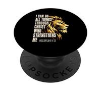 Philippians 4:13 Religious Lion Strengthens Christian PopSockets PopGrip Adhésif