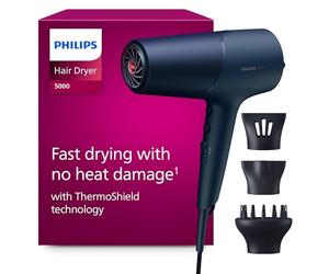 Philips 5000 Series - sèche-cheveux, technologie ThermoShield, ionique, 2 300 W, bleu métallique, avec concentrateur de 9 mm et 11 mm, diffuseur de volume, BHD510/20