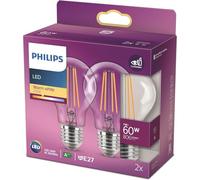 Philips, Ampoule LED en verre, 60W, E27, Standard, Filament, Lumière Blanc Chaud, Non Gradable, Pack de 2 unités