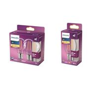 Philips ampoule LED Standard E27 60W Blanc Chaud Claire, Verre, Lot de 2 & ampoule LED Flamme E14 60W Blanc Chaud Claire, Verre
