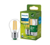 Philips ampoule LED Ultra Efficient Classe A, 40W, culot E27, format sphérique, Blanc chaud 2700K, transparente, verre