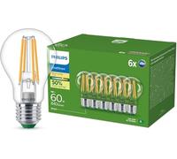 Philips, ampoule LED Ultra Efficient 60W, culot E27, blanc chaud 2700K, transparente, verre, lot de 6