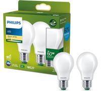 Philips, ampoule LED Ultra Efficient classe A, culot E27, dépolie, équivalent 60W, blanc chaud 2700K, verre, lot de 2