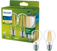 Philips, ampoule LED Ultra Efficient classe A, culot E27, transparente, équivalent 60W, blanc chaud 2700K, verre, lot de 2