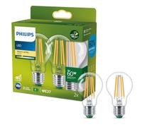 Philips, ampoule LED Ultra Efficient classe A, culot E27, transparente, équivalent 60W, blanc chaud 2700K, verre, lot de 2