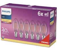 Philips, Ampoules LED B35 Forme Flamme, Culot E14, Pack de 6, Transparente | Lot de 6 Ampoules à Filaments, Culot E14 (petite vis), 470lm, Blanc Chaud 2700K, 4.9W Équivalent 40W, Économie d'énergie 90%