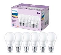 PHILIPS, Ampoules LED Classic A60, Culot E27, 60W, Pack de 6, Blanc | Lot de 6 ampoules, Culot E27 (grosse vis), Blanc Chaud 2700K, 807lm, Équivalent 60W, Verre Dépoli, Éclairage LED puissant