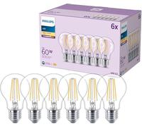 Philips Ampoules LED classiques A60, 60 W, Verre transparent, Culot E27, Blanc chaud 2700 K, Pack de 6
