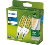 Philips ampoules LED Ultra Efficient E14, format flamme nérgétique A, équivalent 40W, 3000K, verre, transparente, lot de 2