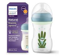 Philips Avent Biberon nuit Natural Response - bouteille 260 ml avec tétine à débit moyen (débit 3), anneau de biberon phosphorescent, motif petit paresseux endormi, SCY903/81