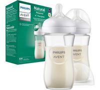 Philips AVENT Natural Response Biberon en verre : 2 x 240 ml biberons sans pour nouveau-nés de 3 à 6 mois (modèle SCY933/02) 240ml 2 pcs. simple