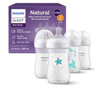 Philips Avent SCY903/68 Lot de 4 biberons naturels avec tétine à réponse naturelle (débit moyen, débit 3), motif hippocampe et étoile de mer, 255 g, lot de 4