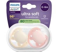 Philips Avent Sucettes ultra-douces - Tétines orthodontiques, pour bébés de 0 à 6 mois, collerette souple,en silicone souple d'origine végétale, sans BPA, lot de 2, SCF091/38