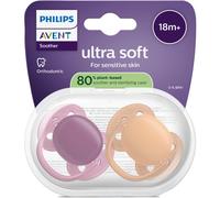 Philips Avent Sucettes ultra-douces - Tétine orthodontiques, pour bébés à partir de 18 mois, collerette souple, en silicone ultra-ferme d'origine végétale, sans BPA, avec étui, lot de 2, SCF093/03