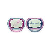 Philips AVENT Sucette ultra air - 2 sucettes légères, aérées et phosphorescentes pour bébés âgés de 6 à 18 mois, sans BPA, avec étui de transport stérilisateur, Rose/Bleu/Violet (modèle SCF376/14)