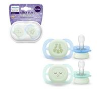 Philips Avent Sucettes de nuit Ultra Start, orthodontiques pour nouveau-nés de 0-2 mois, phosphorescentes, sans BPA, avec étui de stérilisation et de transport, lot de 2, SCF075/08