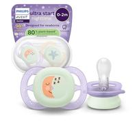 Philips Avent Sucettes de nuit ultra start - Orthodontiques, pour nouveau-nés, phosphorescentes, tétine symétrique en silicone souple, sans BPA, avec étui de stérilisation, lot de 2, SCF075/17