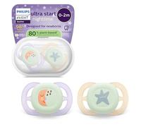 Philips Avent Sucettes de nuit ultra start, Tétines orthodontiques, pour nouveau-nés, phosphorescentes, en silicone souple d'origine végétale, sans BPA, avec étui de stérilisation, lot de 2, SCF075/17